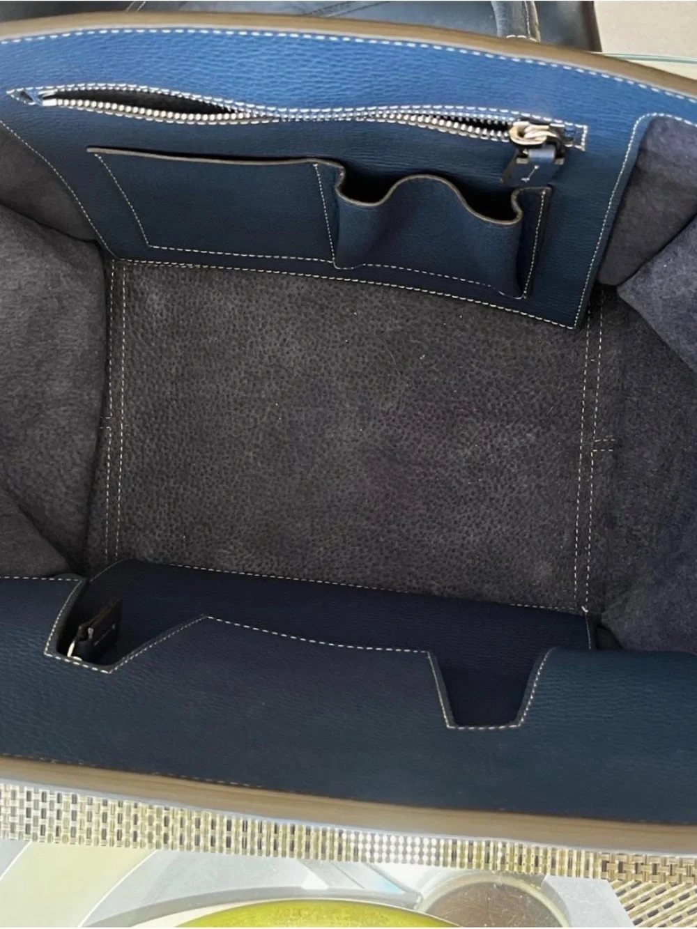Navy Leather Tote Bag with Contrast Stitching - Women's Handbag